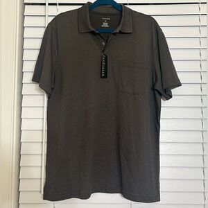 Van Heusen men's gray pin stripe polo shirt, featuring a chest pocket.